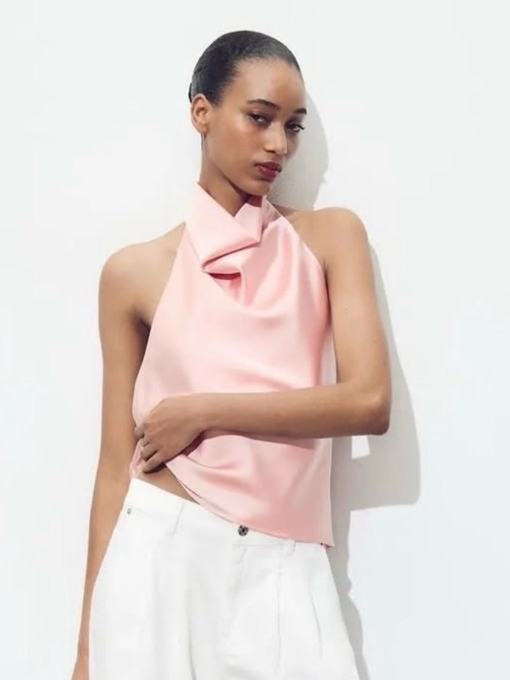 Zara Pink Halter Satin Top with White Wide-Leg Pants